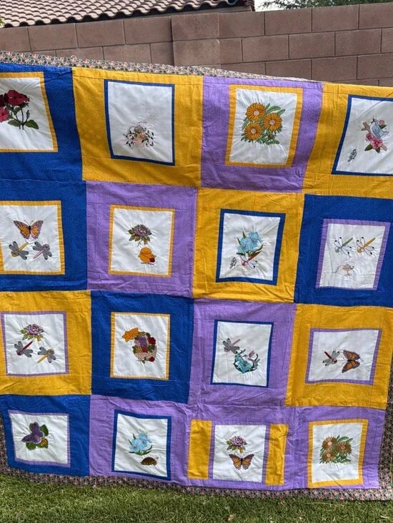 Vintage Hand Embroidered Quilt Throw Floral Butterfly Patchwork 47 x 45 - Picture 1 of 13